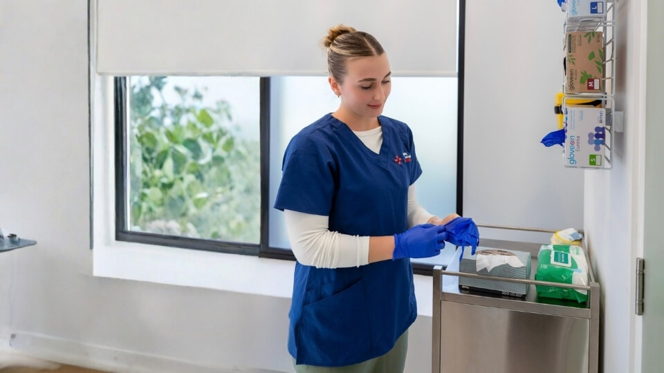 TVH clinician preparing medical supplies in a treatment room at the Perth clinic